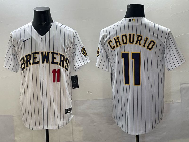 Men Milwaukee Brewers #11 Chourio White Stripe Nike MLB 2025 Jersey 04